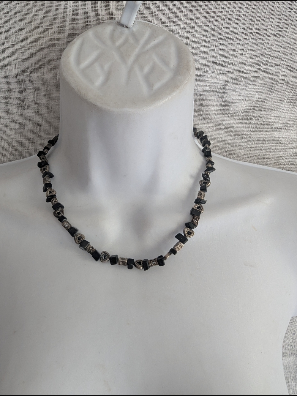 Handmade Black Stone and Silver Heart Beaded Necklace Choker